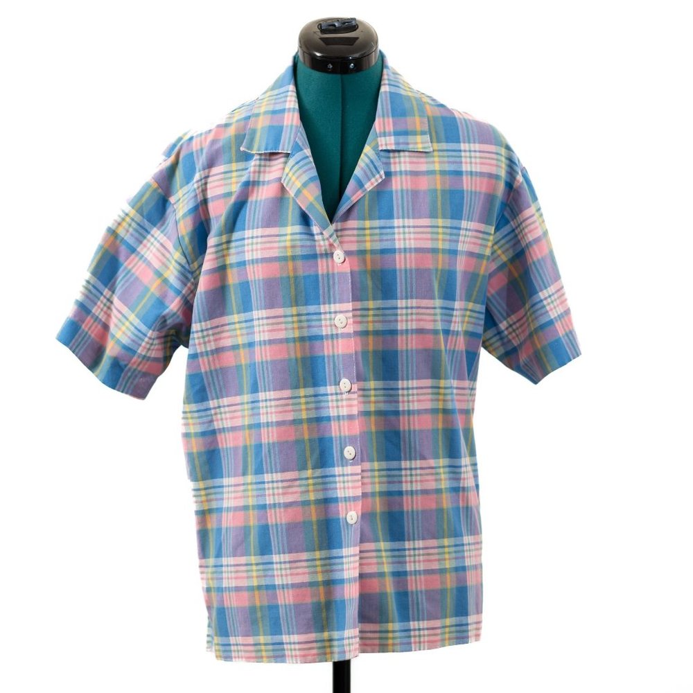 Vintage 80s Short Sleeve Button Up Shirt Plaid Checkered Collared Pastel Pink Bl